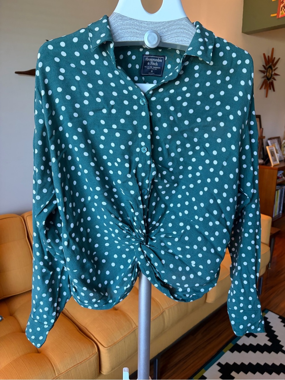 Abercrombie & Fitch Green Polka Dot Knot-Front Button Down Shirt
